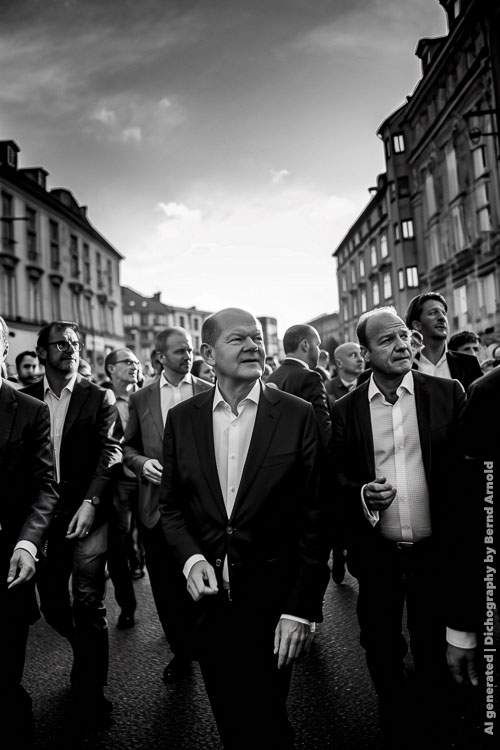 Dichografie – Olaf Scholz im fiktiven Bundestagswahlkampf 2025, 2023 KI/MI-generiert