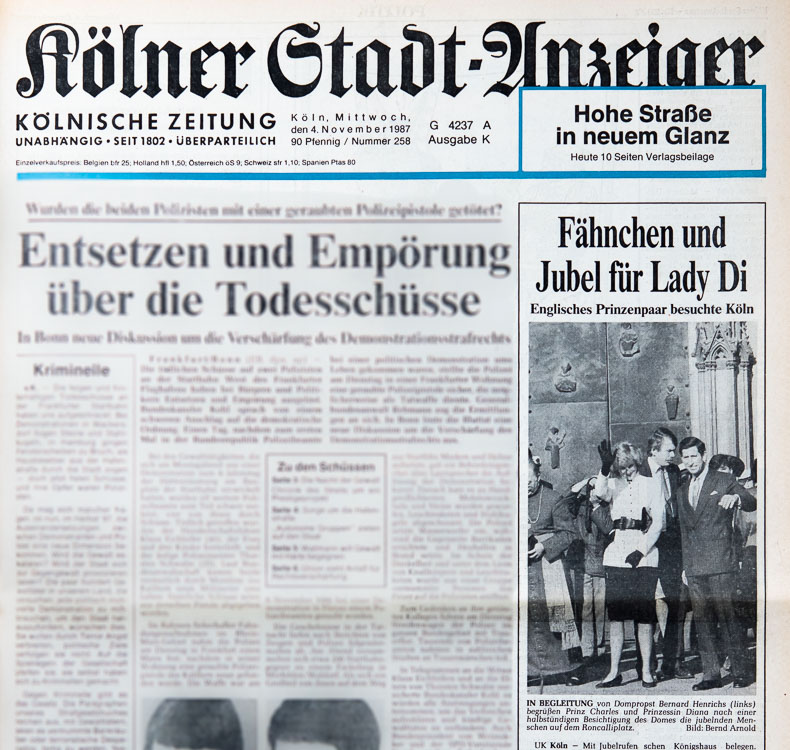 Kölner Stadt-Anzeiger vom 4. November 1987 mit Lady Di und Prinz Charles mit Foto: Bernd Arnold